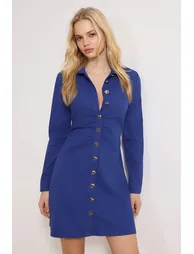 Navy Blue Buttoned Mini Gabardine Woven Dress - 1