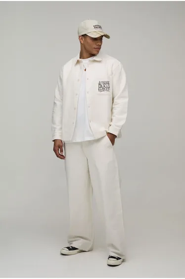 Textured Twill Embroidered Oversized Overshirt & Baggy Trouser Set - ecru