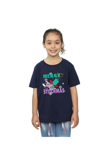 Lilo & Stitch Girls Merry Stitchmas Cotton T-Shirt - Navy Blue