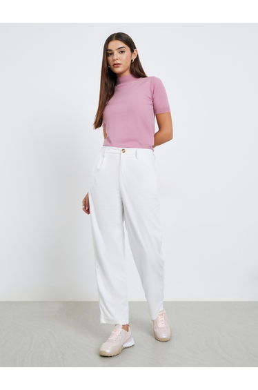 Women White Textured Straight Leg Pants with Belt Loops