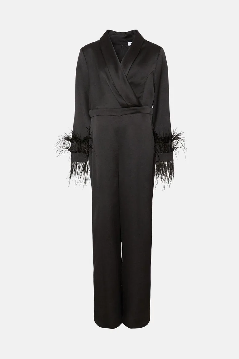 Plus Size Drape Front Feather Cuff Jumpsuit - 3