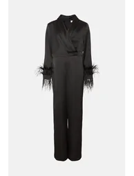 Plus Size Drape Front Feather Cuff Jumpsuit - 3