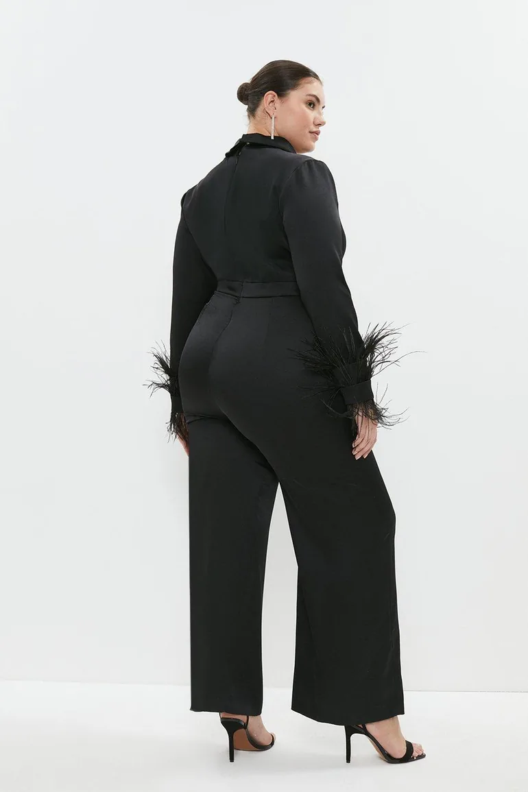 Plus Size Drape Front Feather Cuff Jumpsuit - 2