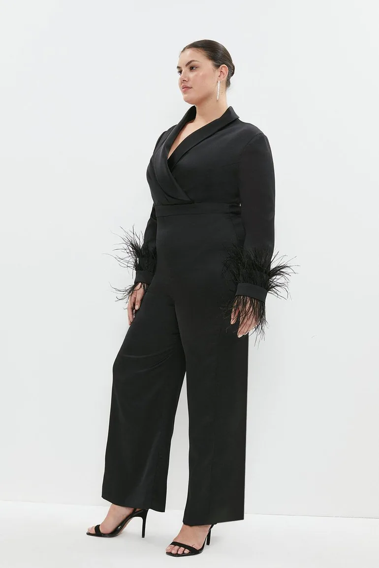 Plus Size Drape Front Feather Cuff Jumpsuit
