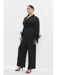 Plus Size Drape Front Feather Cuff Jumpsuit