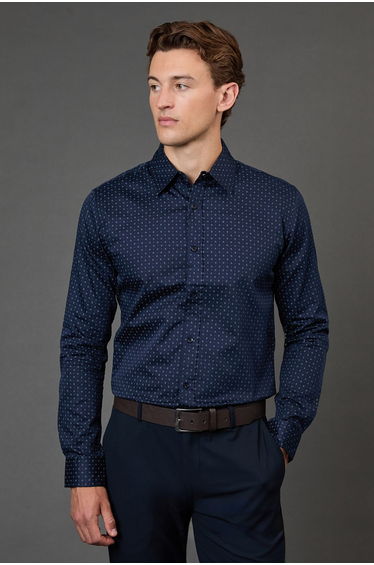 Navy Print Slim Fit Long Sleeve Shirt