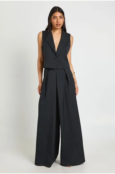 Tall Linen Look Tailored Cropped Waistcoat - black