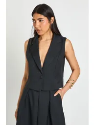 Tall Linen Look Tailored Cropped Waistcoat - black