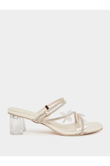 Women Beige Rhinestone Block Heel Sandals