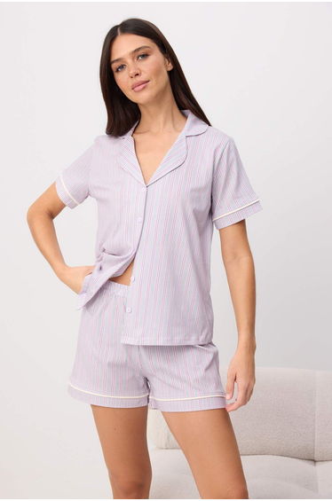Lilac-Multicolor 100% Cotton Striped Piping Shorts Knitted Pajamas Set