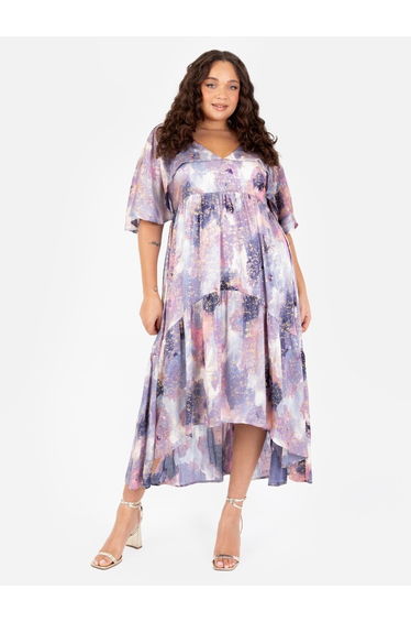 Lovedrobe Purple Cape Sleeve High-Low Tiered Dress with Metallic Detail