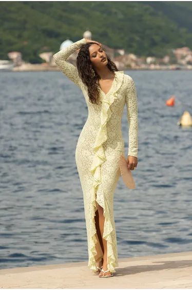Exelia | Lemon Lace Plunge-Neck Maxi Dress With Long-Sleeves