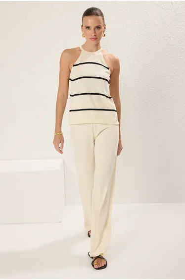 Ecru Striped Blouse-Pants Knitwear Bottom-Top Set