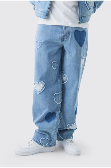 Relaxed Rigid Heart Applique Denim Jeans - light blue