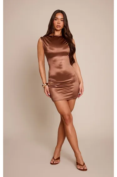 Chocolate Stretch Satin Boat Neck Mini Dress