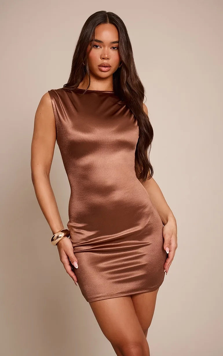 Chocolate Stretch Satin Boat Neck Mini Dress Prettylittlething Brown :  Party Dresses : VogaCloset Bahrain