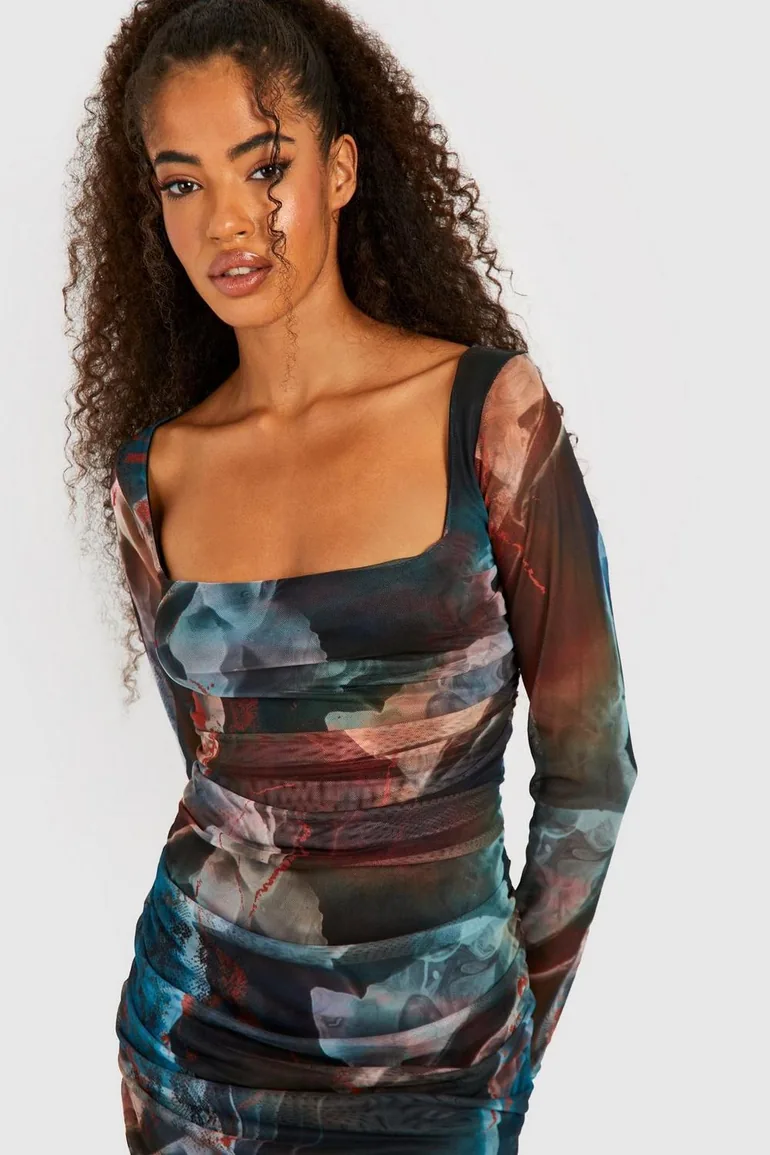 Abstract Square Neck Ruched Mesh Bodycon Dress - multi - 3