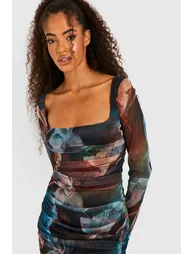 Abstract Square Neck Ruched Mesh Bodycon Dress - multi - 3