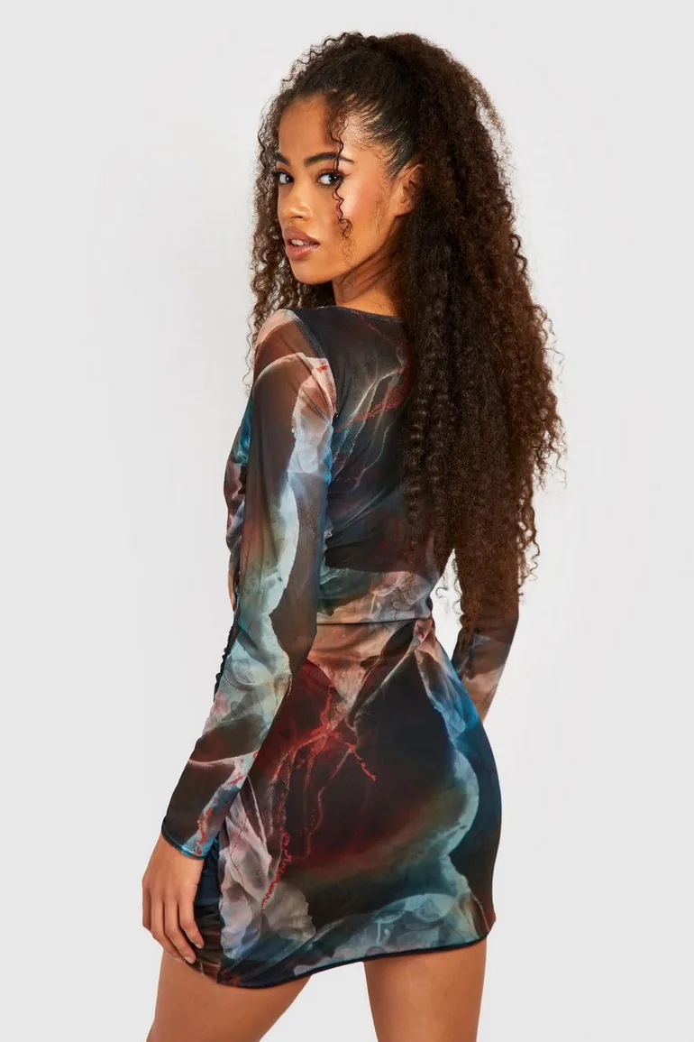 Abstract Square Neck Ruched Mesh Bodycon Dress - multi - 1