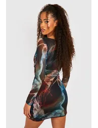 Abstract Square Neck Ruched Mesh Bodycon Dress - multi - 1