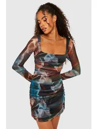 Abstract Square Neck Ruched Mesh Bodycon Dress - multi