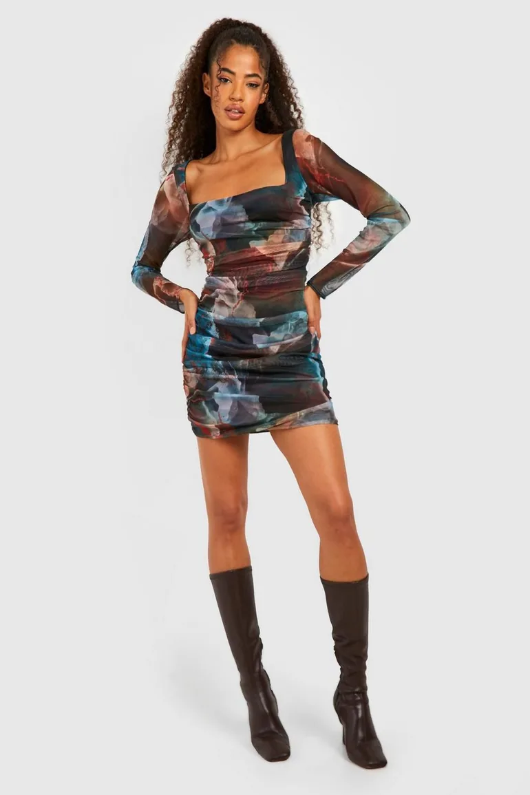 Abstract Square Neck Ruched Mesh Bodycon Dress - multi - 2