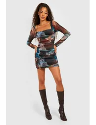 Abstract Square Neck Ruched Mesh Bodycon Dress - multi - 2