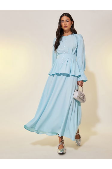 Pearl Button Ruffled Details Maxi Dress