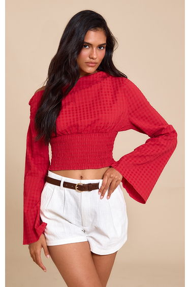 Red Asymmetric Ruched Detail Top