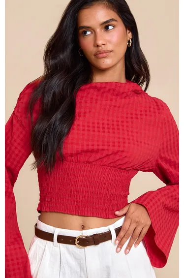 Red Asymmetric Ruched Detail Top