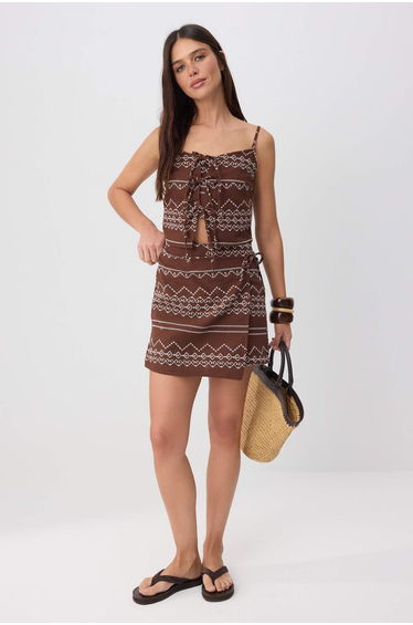 Brown Strappy Mini Skirt with Embossed Pattern Woven Bottom - Top Set
