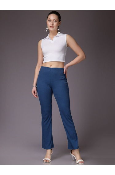 Women Pink Fit And Flared Ribbed Pants