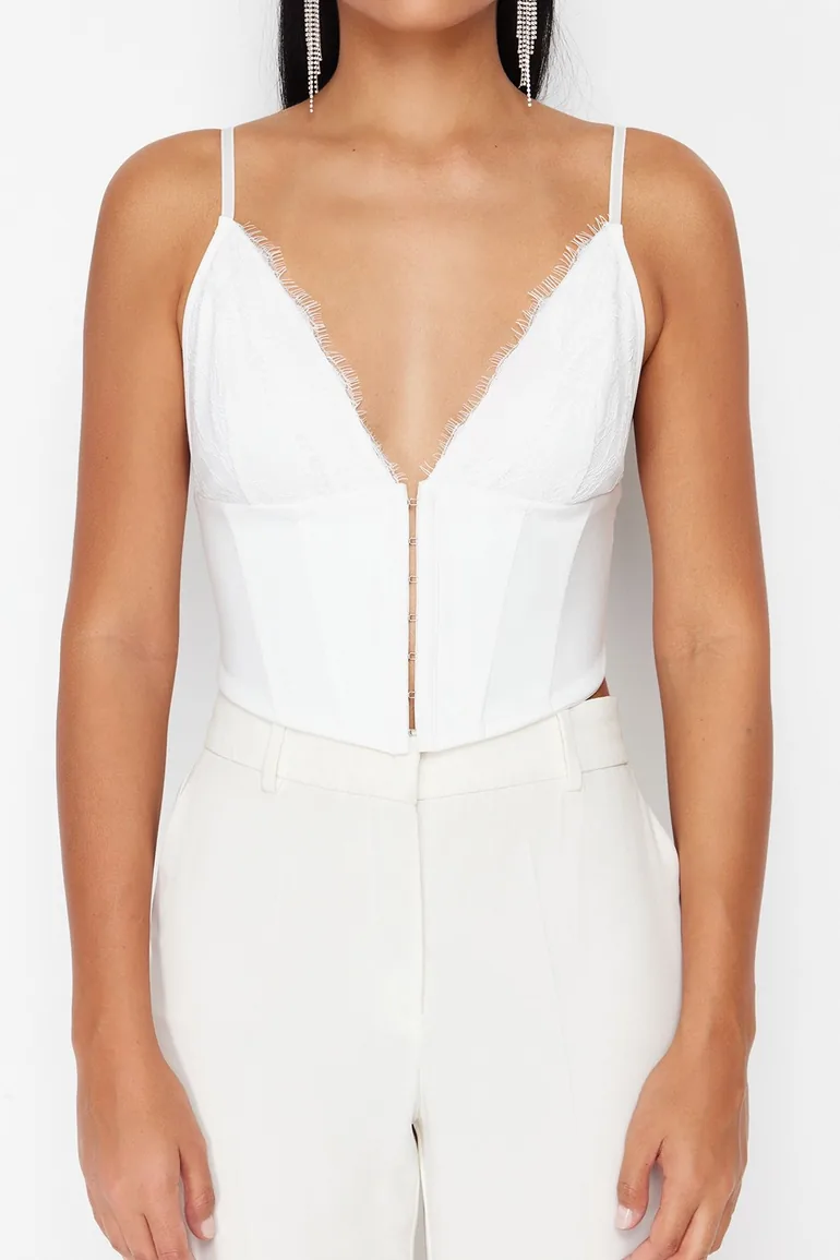 White Crop Lined Woven Lace Bustier - 3