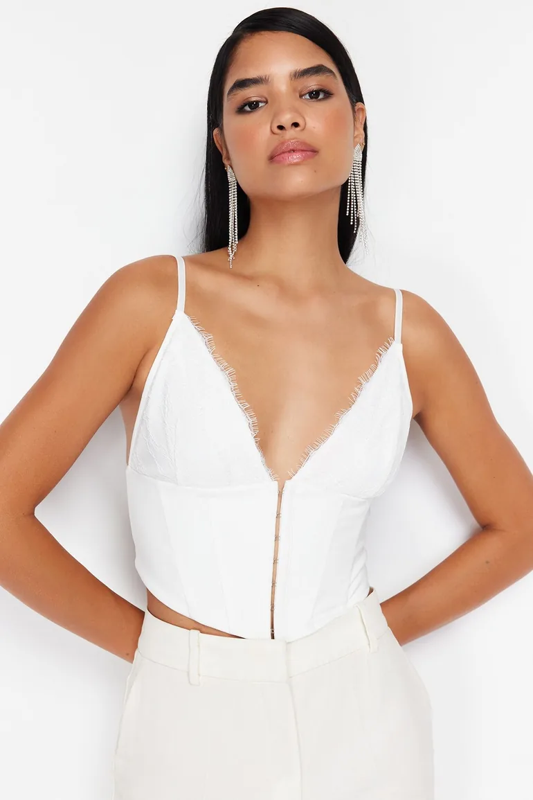White Crop Lined Woven Lace Bustier - 1