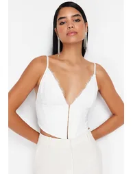 White Crop Lined Woven Lace Bustier - 1