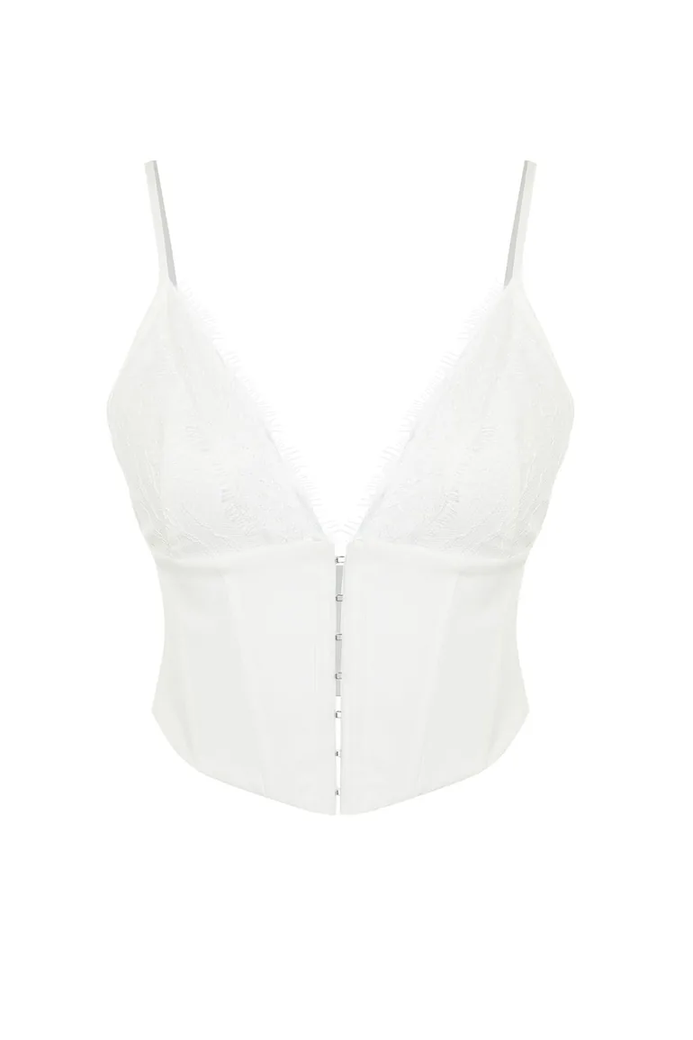White Crop Lined Woven Lace Bustier - 6