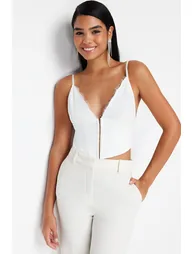 White Crop Lined Woven Lace Bustier