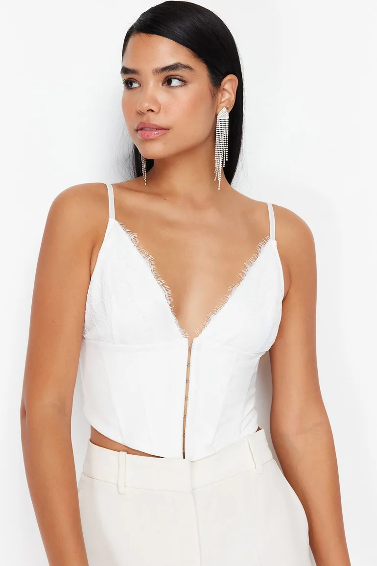 White Crop Lined Woven Lace Bustier - 2
