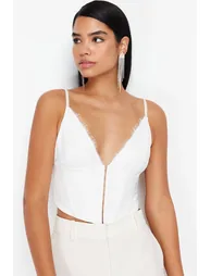 White Crop Lined Woven Lace Bustier - 2