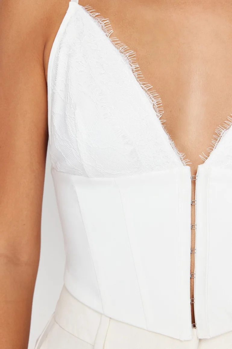 White Crop Lined Woven Lace Bustier - 4