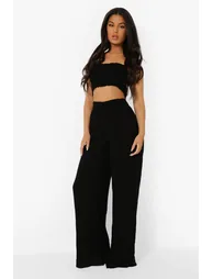 Shirred Waist Woven Wide Leg Beach Trousers - black - 3