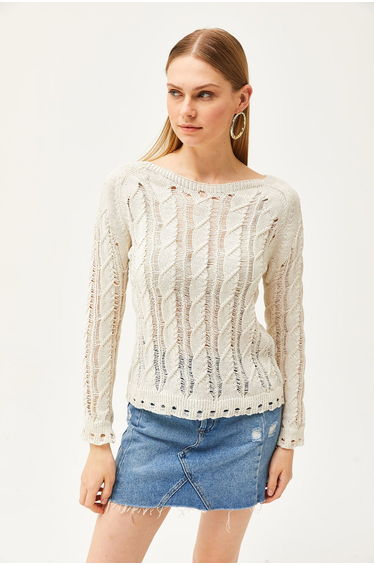 Women's Ecru Hair Knit Detail Seasonal Knitwear Blouse