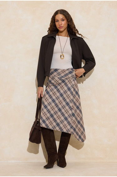 Beige-Multicolored Plaid Asymmetric Cut Button Detailed Skirt