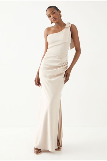 Asymmetric Shoulder Bow Detail Bridesmaid Dress