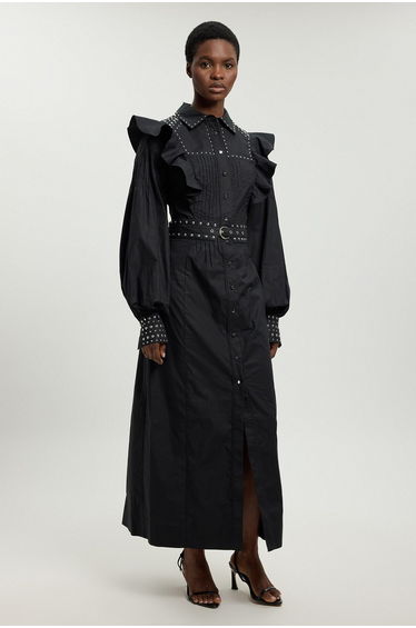 Petite Cotton Sateen Drama Sleeve Studded Woven Maxi Shirt Dress