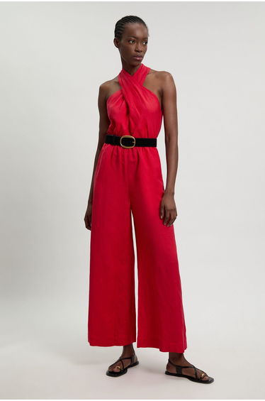 Viscose Linen Belted Halterneck Woven Jumpsuit