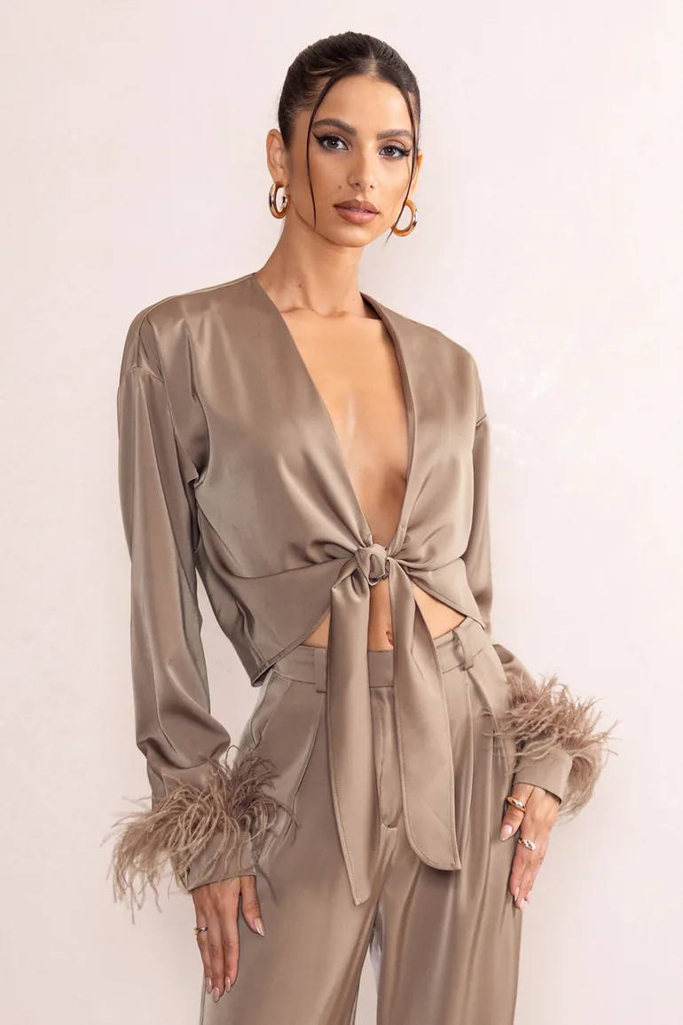 Beauty Pie | Mocha Plunge Neck Tie Front Shirt With Feather Trim