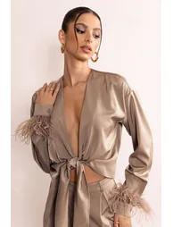 Beauty Pie | Mocha Plunge Neck Tie Front Shirt With Feather Trim - 2
