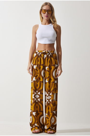 Women's Mustard Patterned Flowing Viscose Palazzo Trousers EN00606