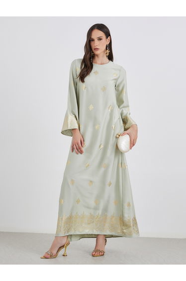 Women Green Foil Print Round Neck Jalabiya